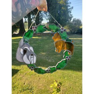 Handmade Vintage Stained Glass Christmas Wreath Dogs Holly Leaves Berries‎